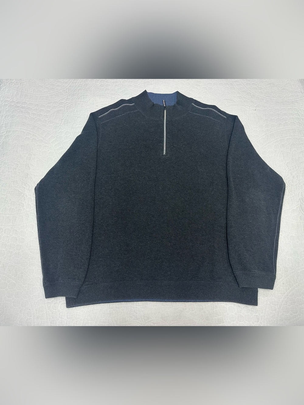 Tommy Bahama Reversible Quarter Zip Sweater Men's L Grey Blue Pullover Mock Neck